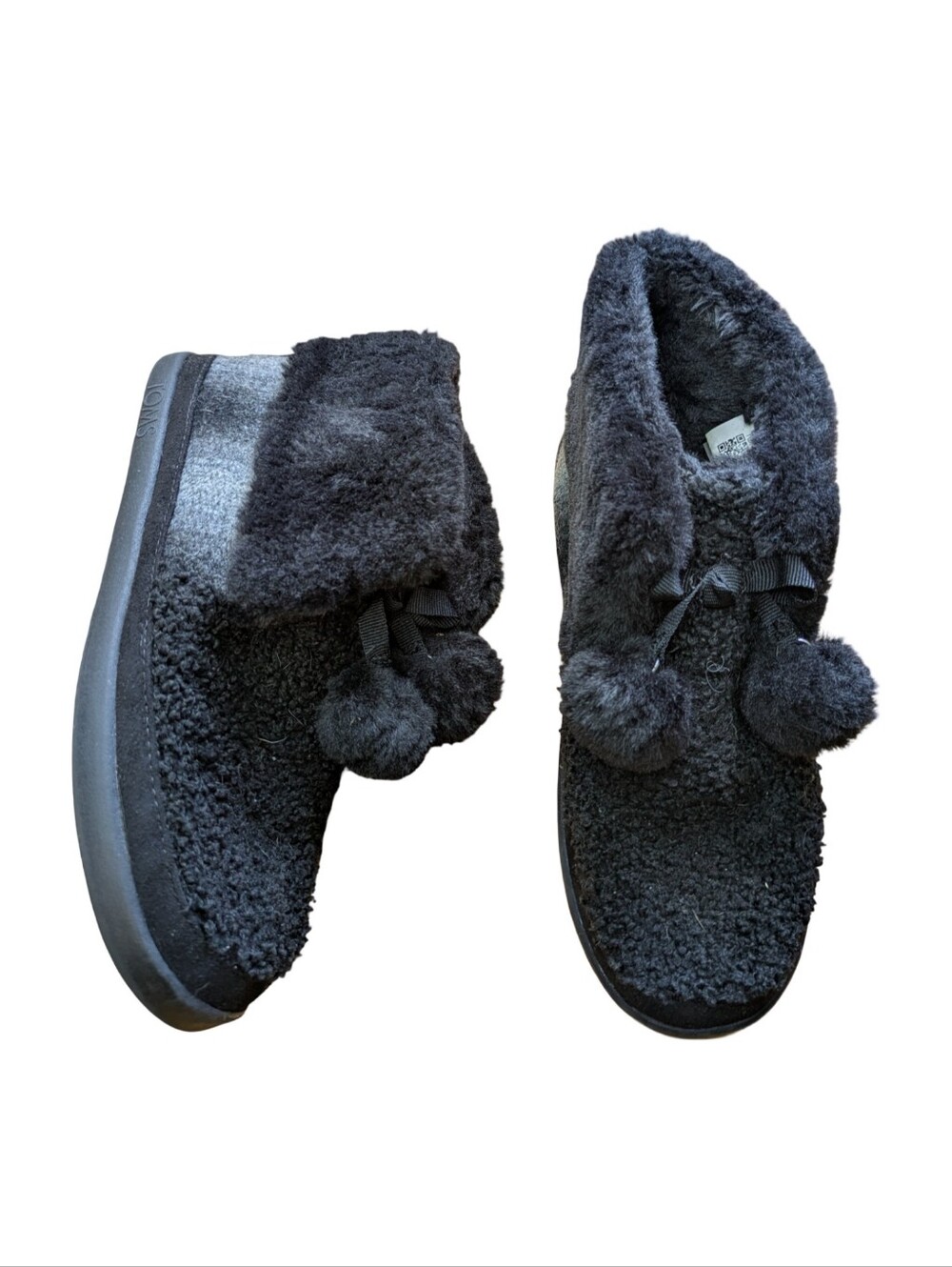 Toms Celeste Slippers -Plaid & Cozy Black Fuzzy Pom Pom Slipper Boots